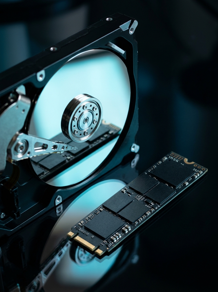 Opened hard drive and an SSD close up