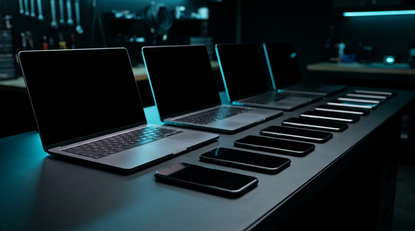 Refurbished laptops and phones lined up on a display table