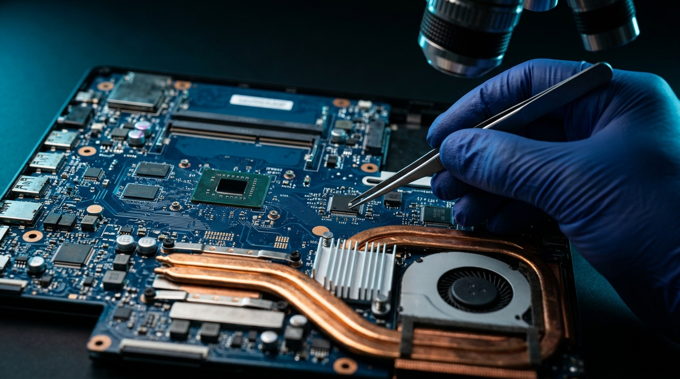 Technician's gloved hands working on a laptop motherboard