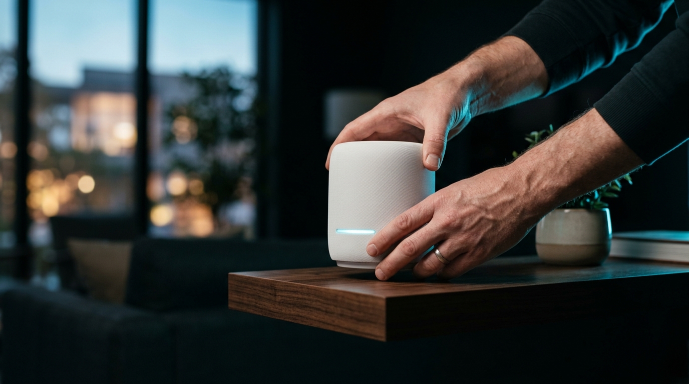Technician placing a mesh Wi-Fi router on a shelf in a living room