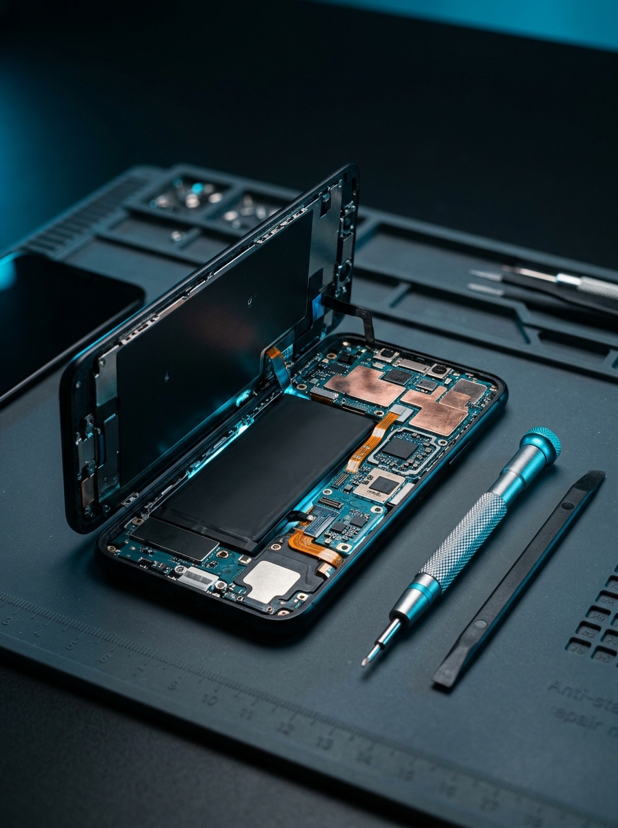 Opened smartphone on a repair mat with precision tools