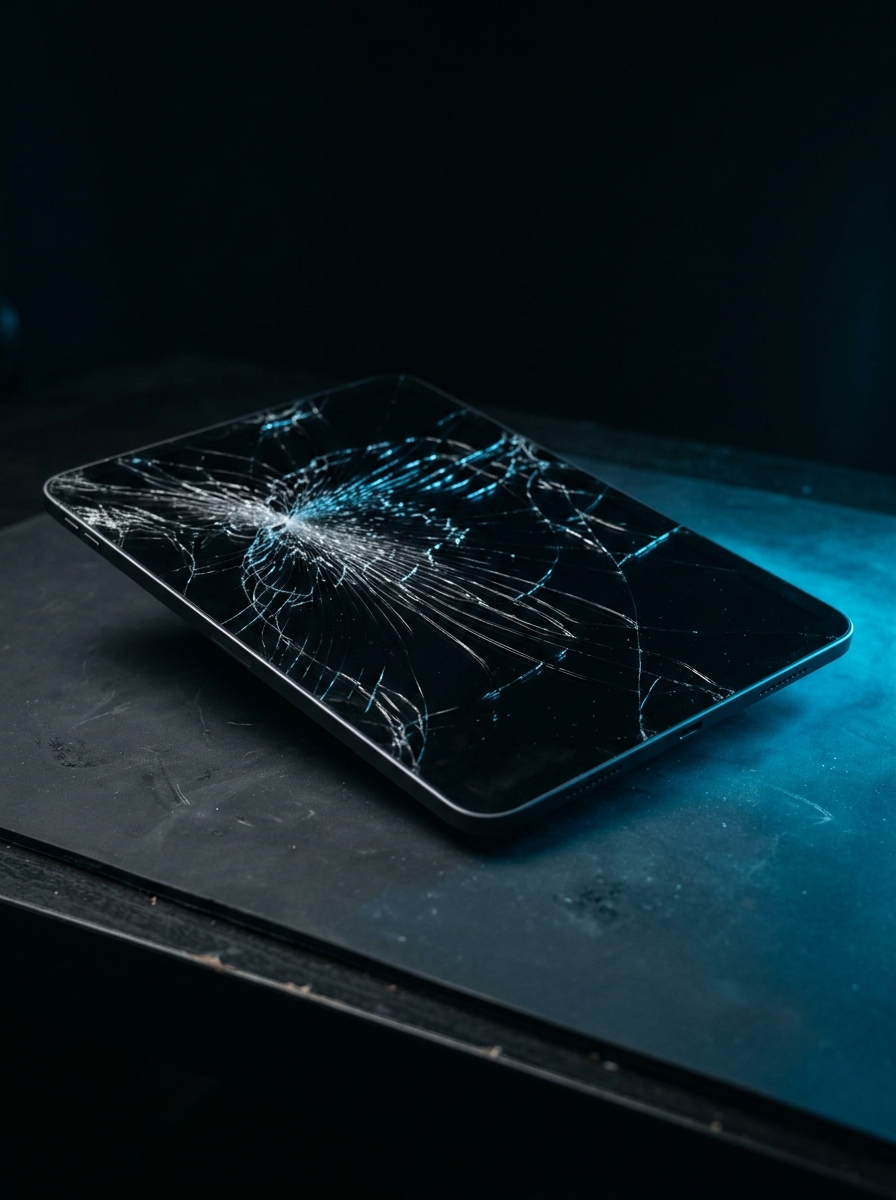 Tablet with a cracked glass screen on a workbench