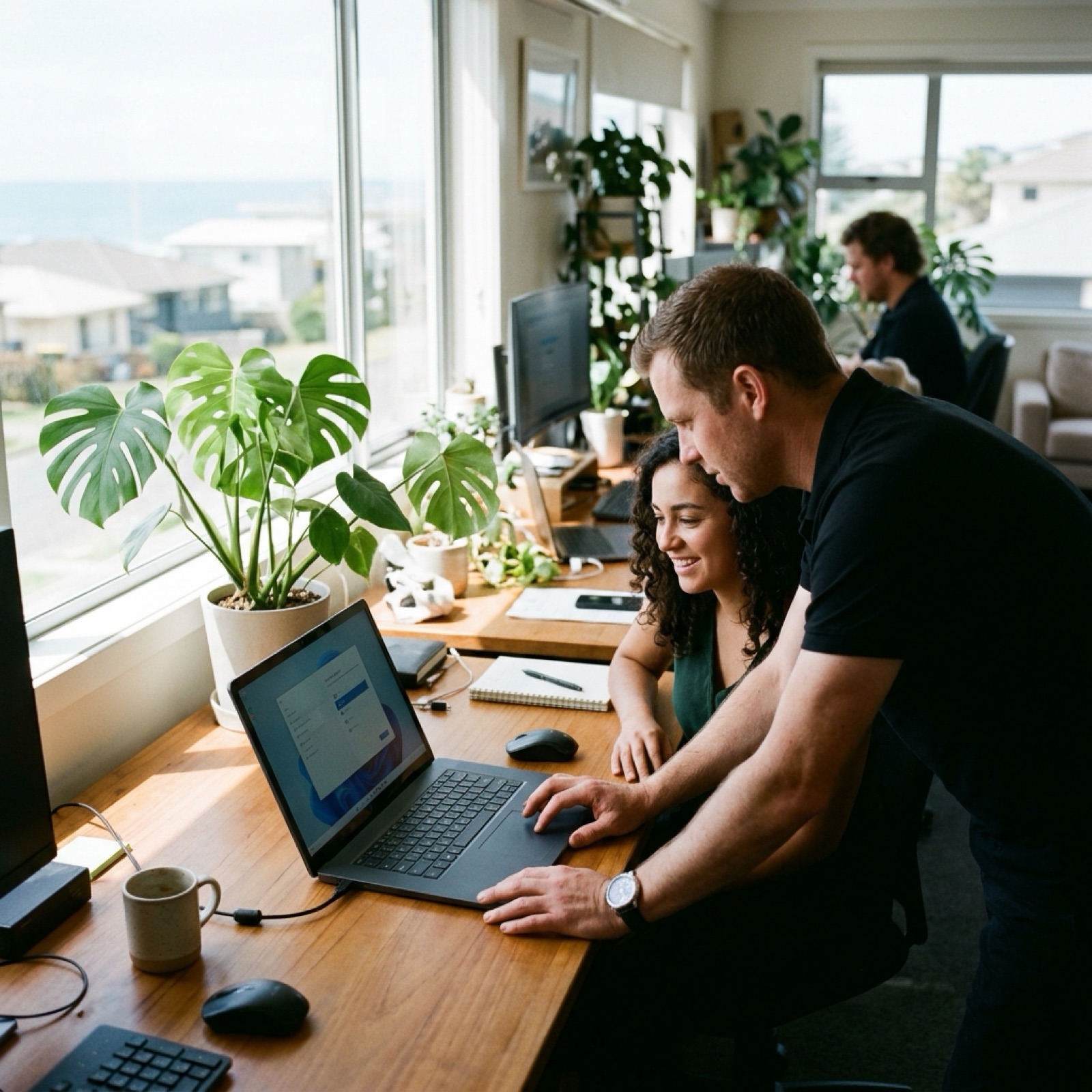 Technician helping two staff with a laptop in a bright coastal office